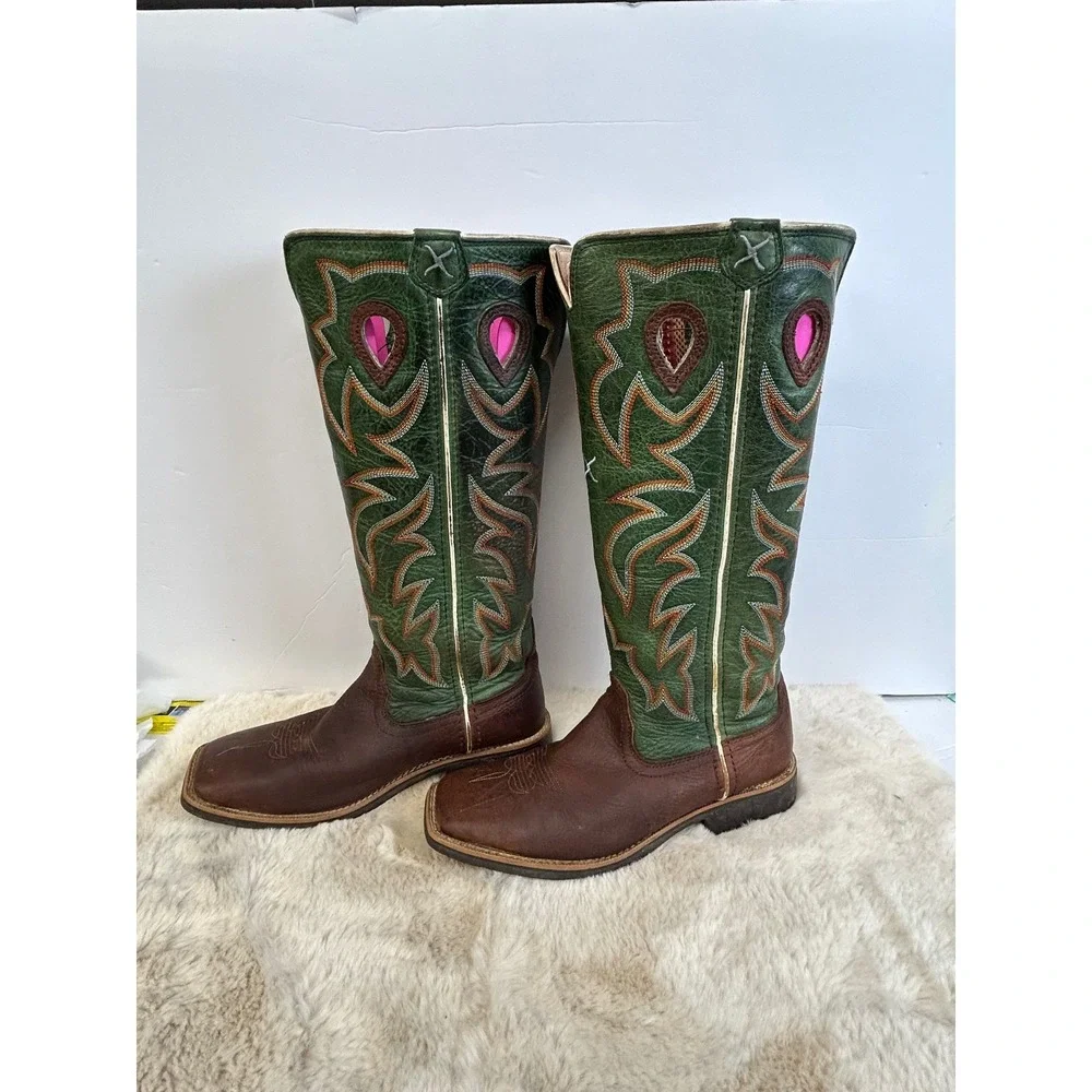 Twisted X Kids Ruff Stock Green Brown Leather Western Cowboy Boots YBK0005 4M